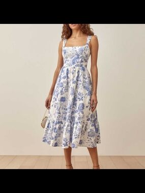 Reformation Bucatini Linen Midi Dress in Blue/White Lucerne Floral Print. Sz 10